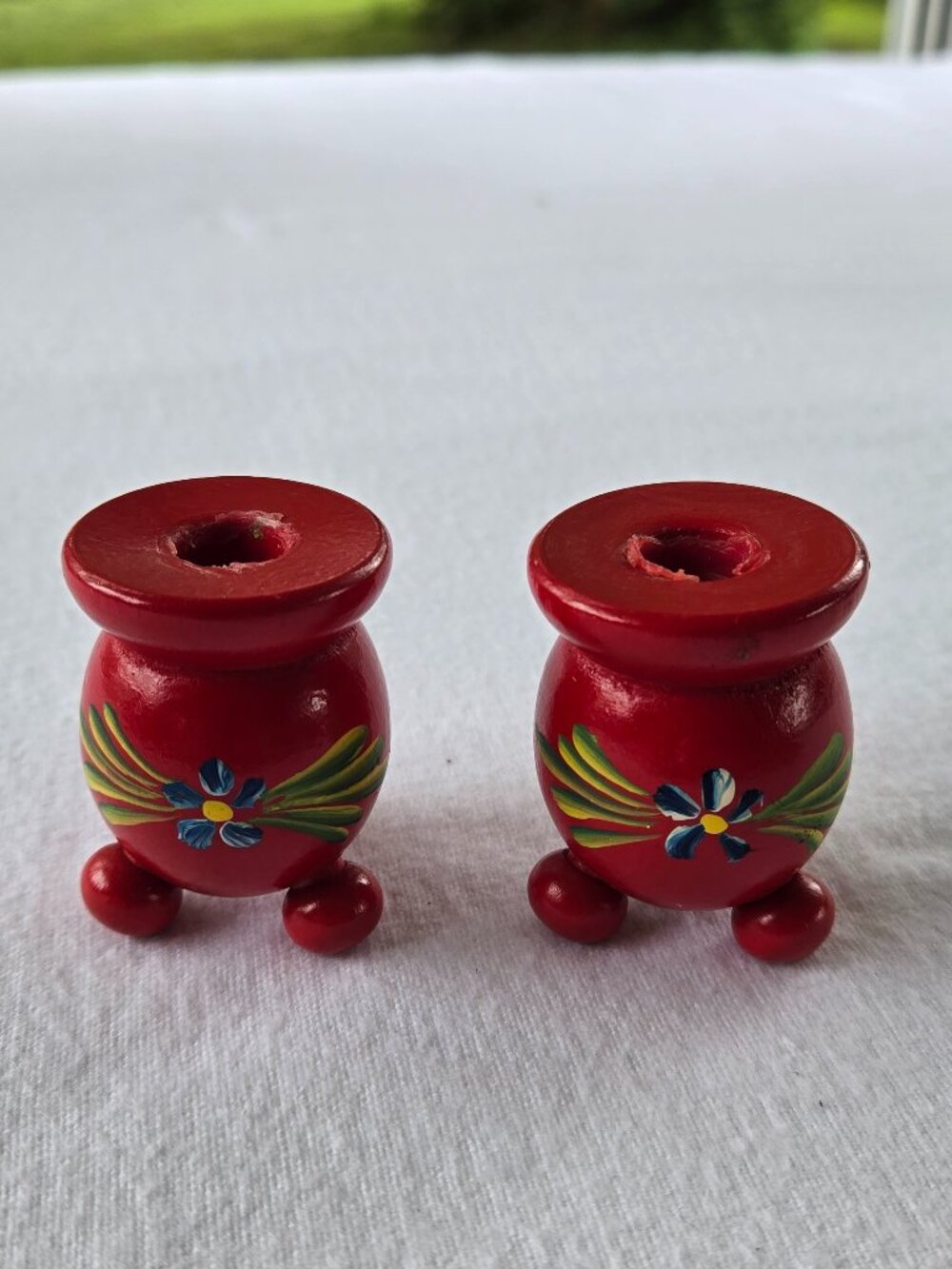 Swedish Wood Candle Holders Set of 2 Red Hand painted with Flowers